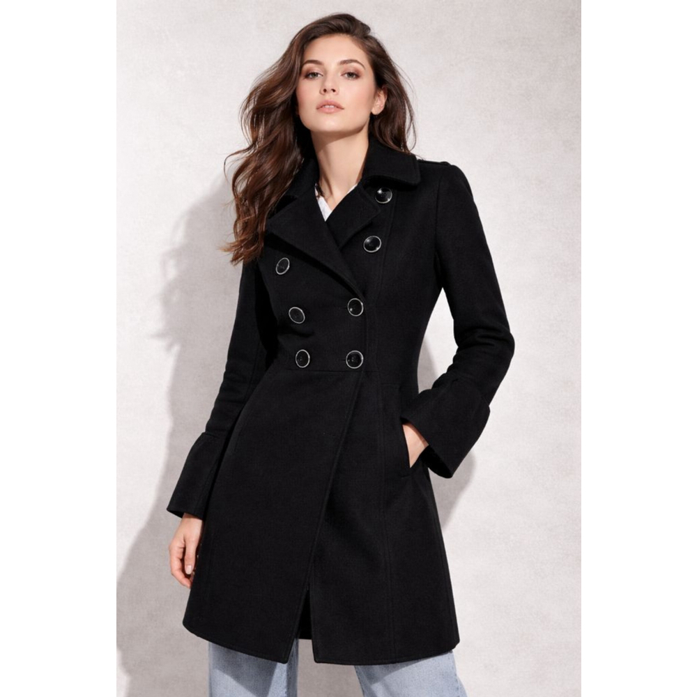 Vintage B. MOSS Black Tailored Mid Length Wool Pea Coat Bell Sleeve Size Small